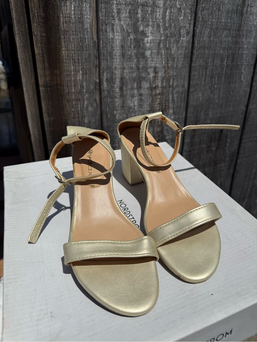 Metallic Gold Ankle-Strap Block Heels